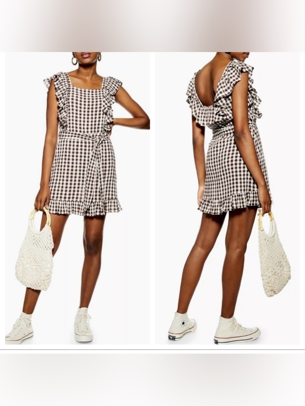 Topshop Brown White Gingham Ruffle Pinafore Mini Dress US 8 boho cottagecore